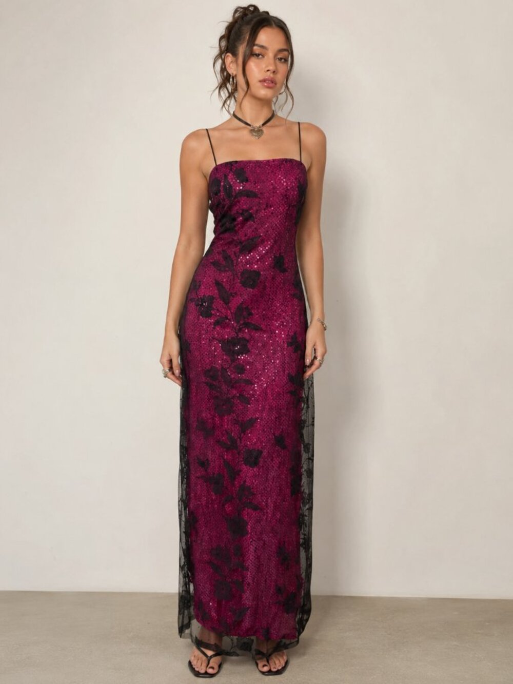 Vintage 90s Rampage Glitter Floral Maxi Dress Gown Pink Black Mesh Deadstock Y2K